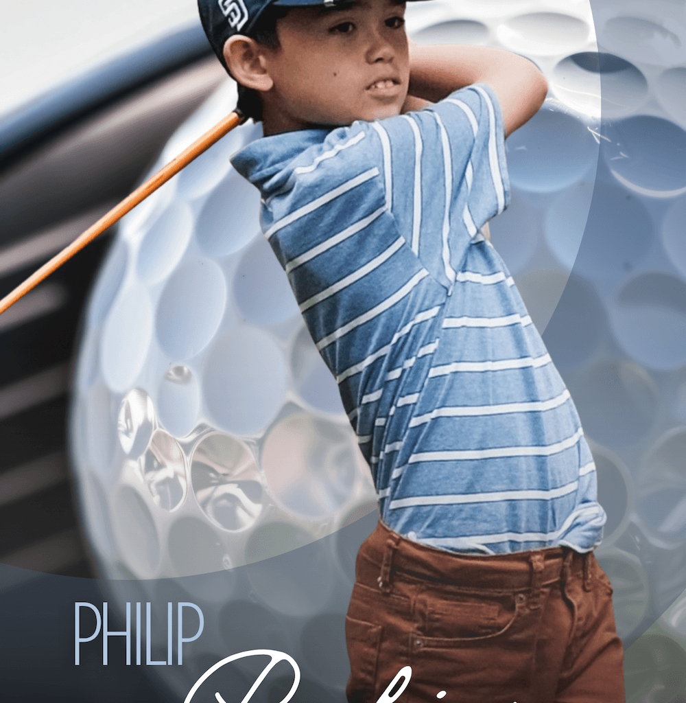 young golfer swinging a club media day portrait