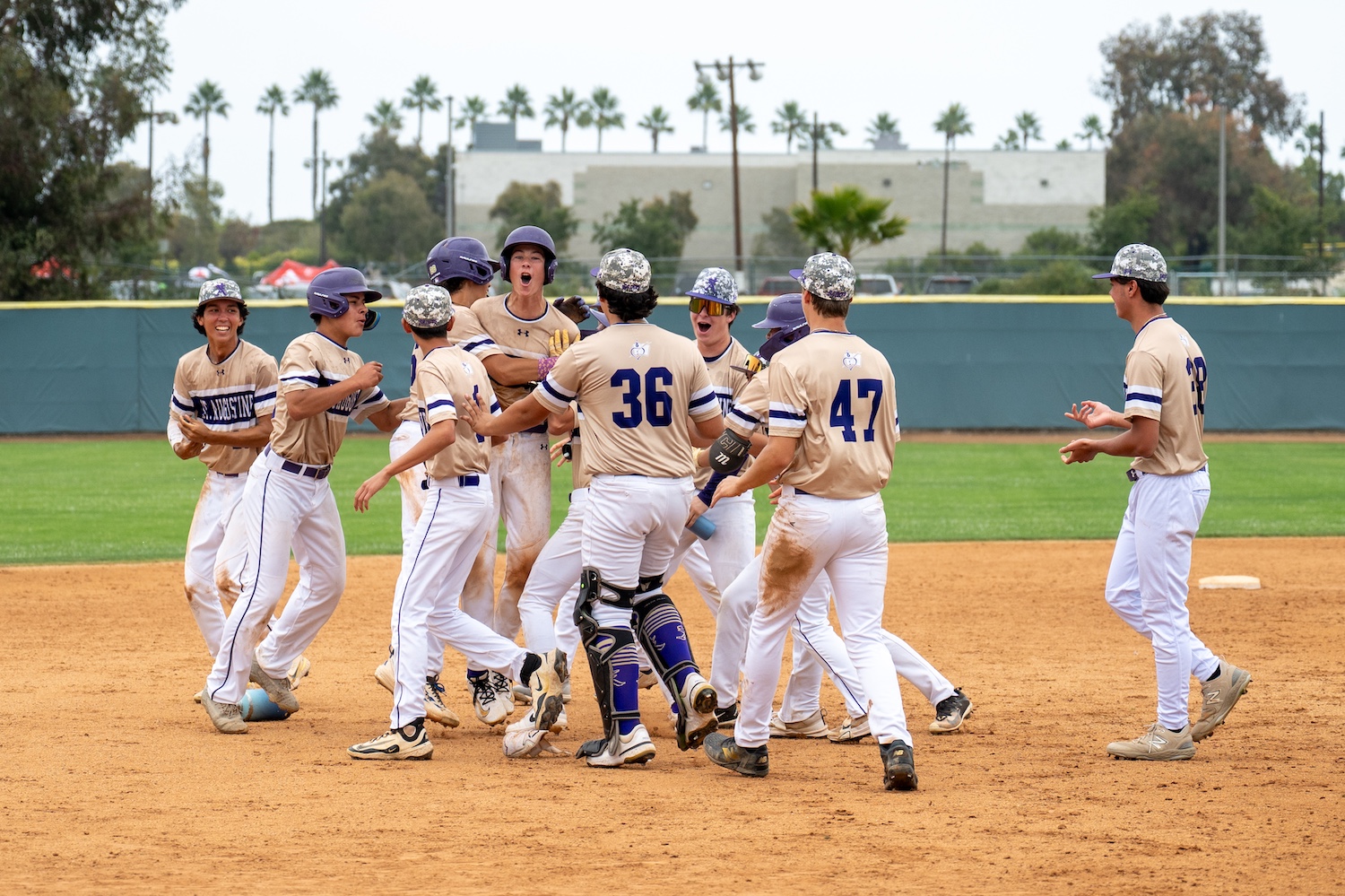baseball players celebrating on the field at the end of the game