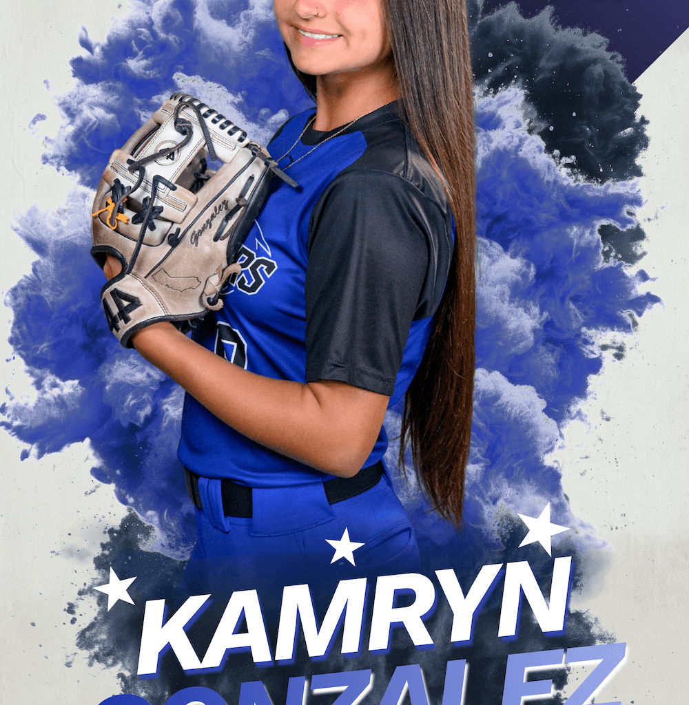 softball player posing for a media day portrait holding her glove up