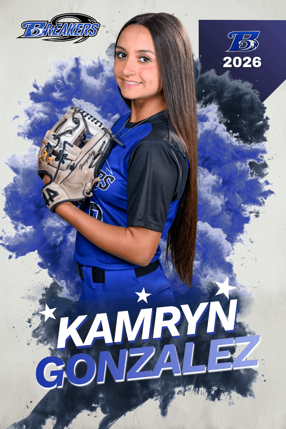 softball player posing for a media day portrait holding her glove up